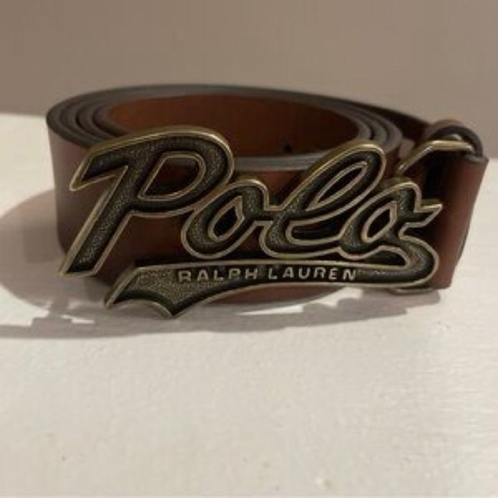 Ralph Lauren Brown Leather Belt with Antique Gold 'Polo' Logo Buckle